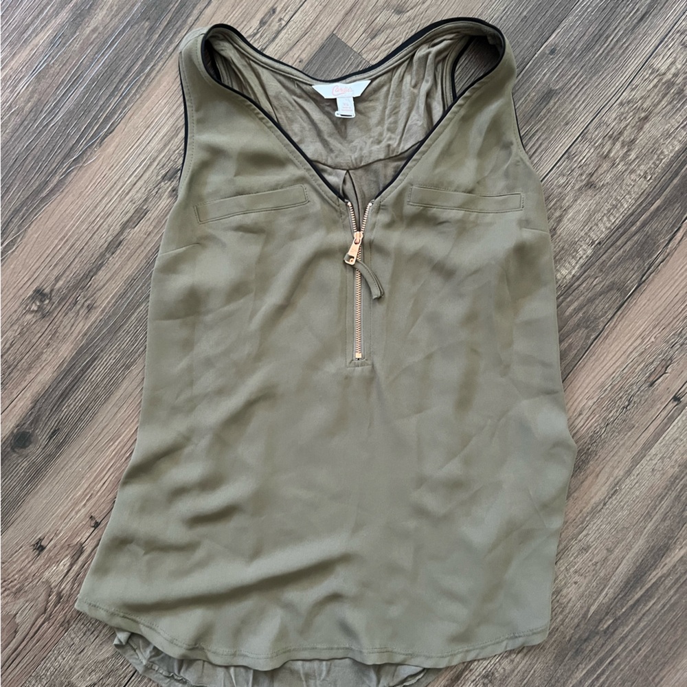 Candies Olive Green Sleeveless dress Top blouse  with gold zipper detail